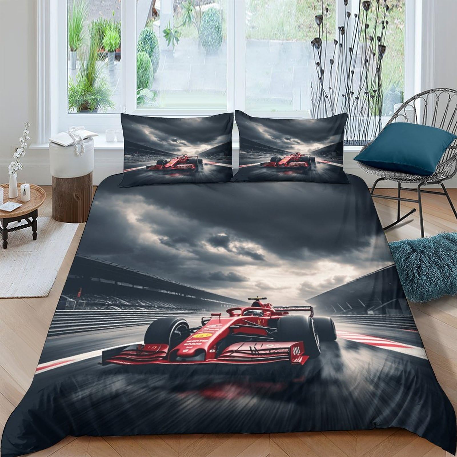 Ferrariii Modèle Housse De Drap, Lavable Formula Racing Housse De Couette Microfibre Douce Linge De Lit Finesse Literie Hygroscopique Parure De Lit Double（200x200cm）
