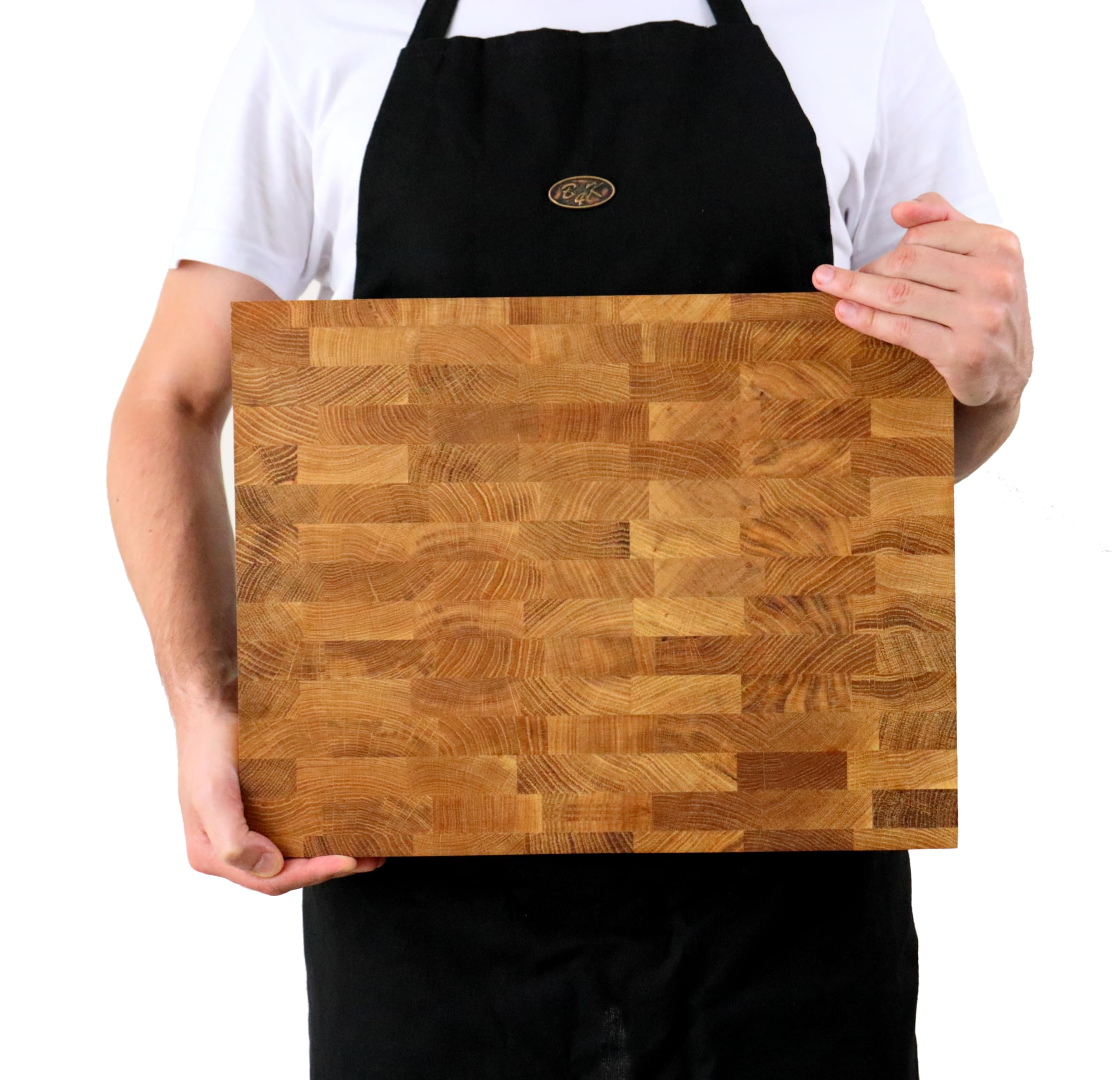 B4K® Küchenbrett aus Eiche Stirnholz | Antibakterielles Hirnholzbrett mit Griffen, Silikonfüßen und Saftrille | Stirnholz Schneidebrett | Hackblock