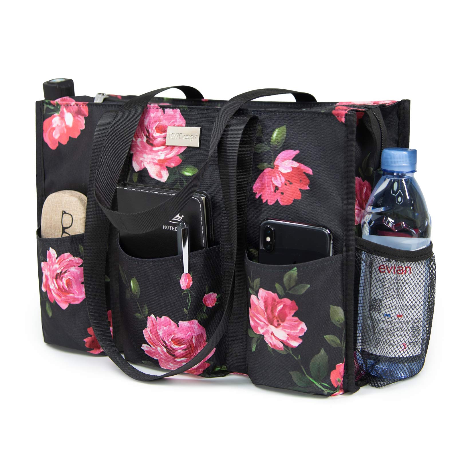 TOPDesign Utility Water Resistant Tote Bag with 13 Pockets, Zipper Closure