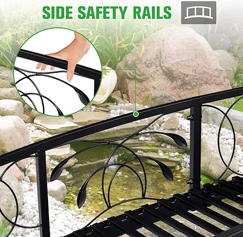Miniatura 4 de Kinsunny Puente de jardín de metal de 8 pies con 2 rieles laterales con patrones de seguridad, puente de hierro extralargo decorativo para