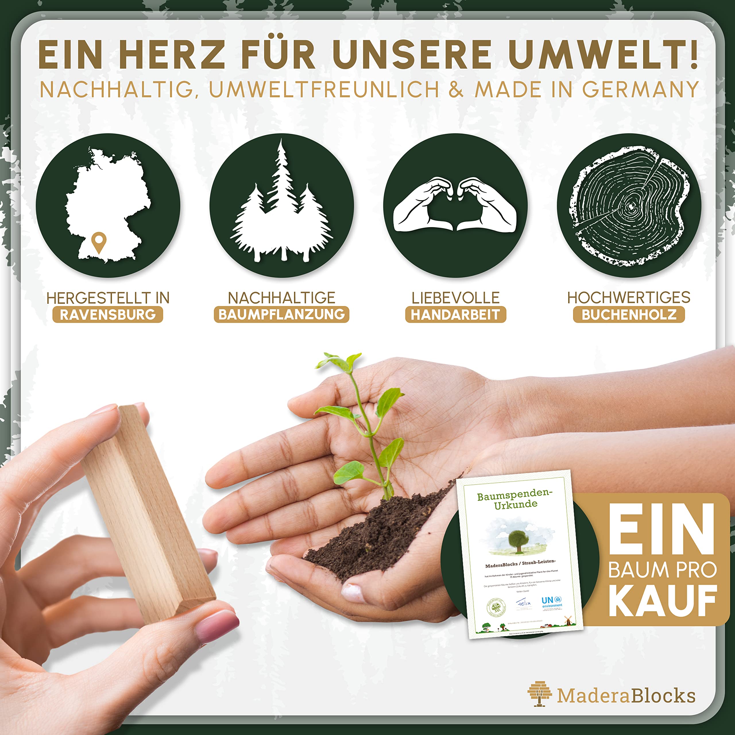 1.000-3.000 Holzbausteine Natur Für Kitas + 1x Baumpflanzung, 100% Made in Ravensburg Bauklötze Natur Holz Kinder Konstruktions-Spielzeug, Motorik