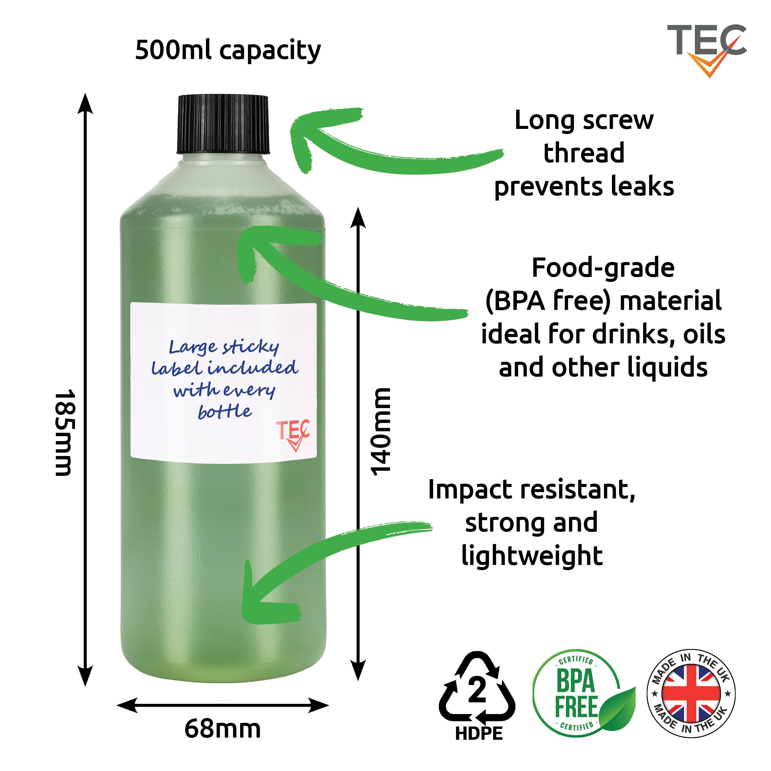 TEC Bottiglie in plastica HDPE da 500 ml, realizzate nel Regno Unito, 28 mm, con tappo nero a punta superiore, per conservare sostanze chimiche e acqua, trasparenti, riutilizzabili, piccole bottiglie