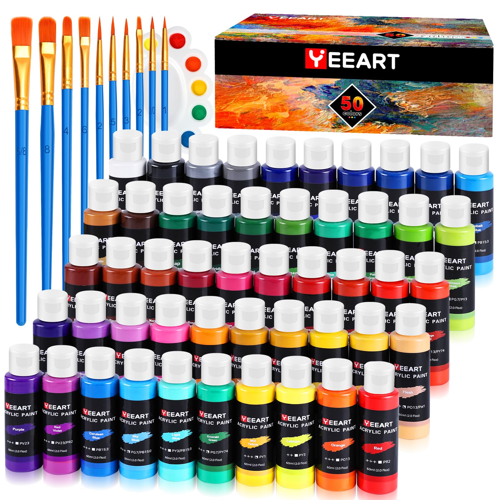 50 Color Acrylic Paint Set, 2oz Bottles, Rich Pigmented Canvas Paint with 10 Brushes &Palette, Professional Art Supplies Kit for Adults & Kids, Non-Toxic, Suitable for Canvas, Rocks, Wood