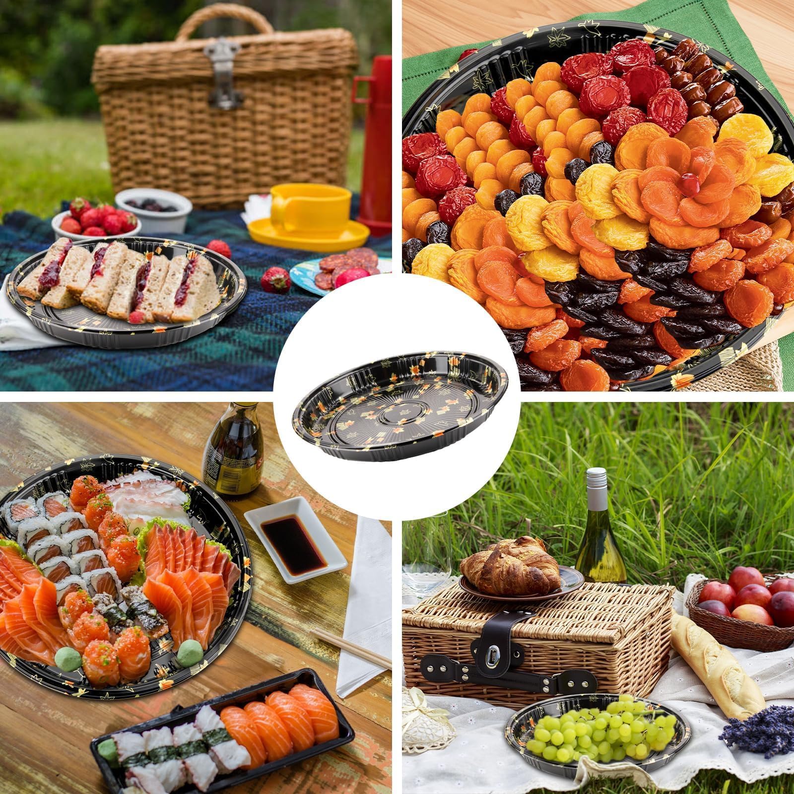Mbsomnus 8 plateaux à sandwich avec couvercles, plateaux ronds de restauration avec couvercles, plateaux de buffet, assiettes réutilisables pour servir des aliments, des collations, des gâteaux, des