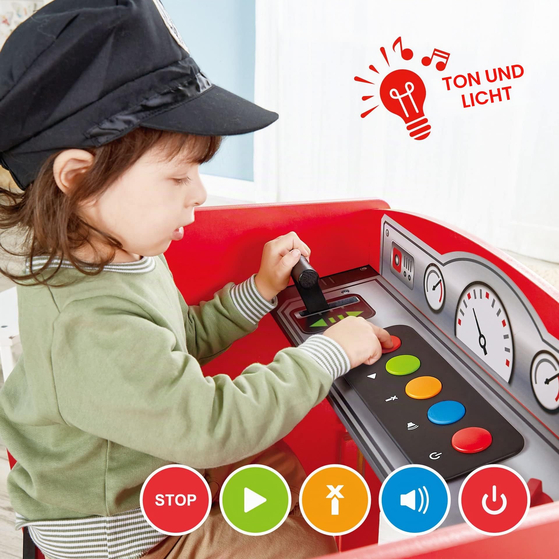 Hape Aufklappbarer Eisenbahntisch | Eisenbahn Spielset aus Holz | Verstaubarer Tisch | Sounds & Lichter | Zubehör | ab 3 Jahren