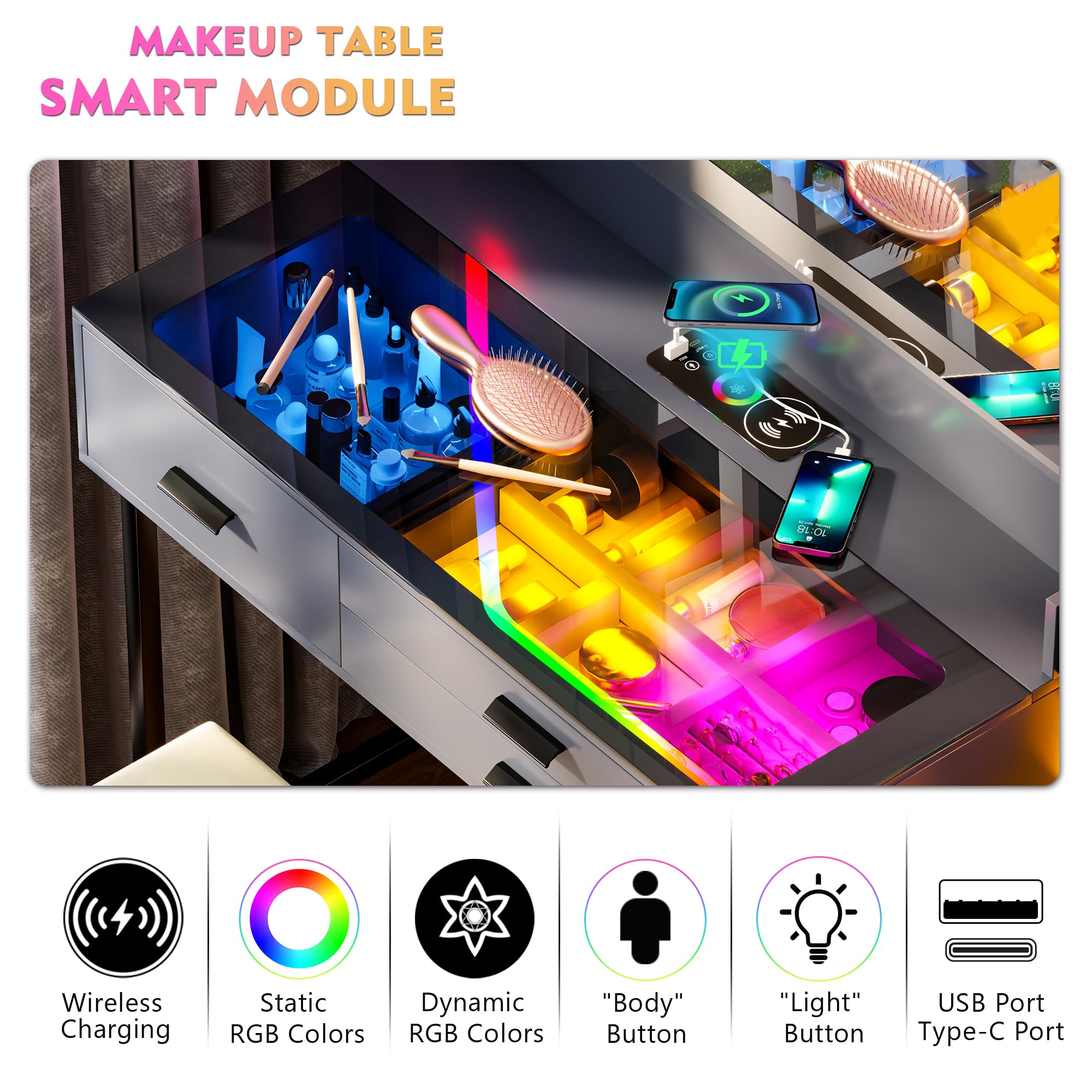 Lvifur Schminktisch Mit Spiegel und Led Beleuchtung für Schlafzimmer,RGB 24 Licht Schminktische mit 6 Schublade und Kabellosem Laden für Wohnzimmer