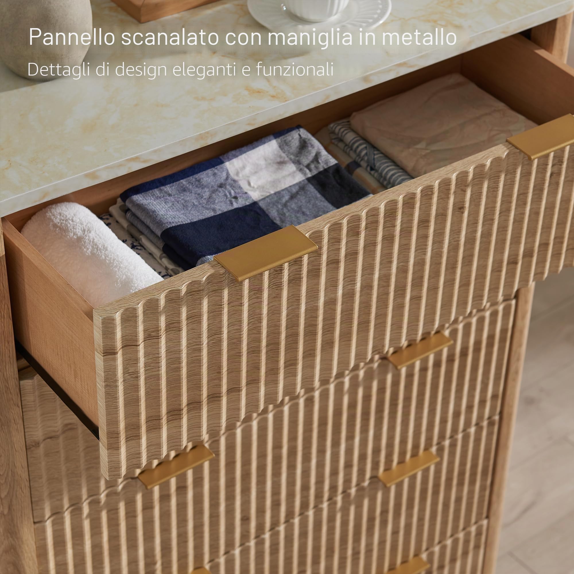 Cassettiera con 5 cassetti, 122 cm, design moderno con scanalature, con piano in melammina effetto marmo, per camera da letto e soggiorno, rovere naturale