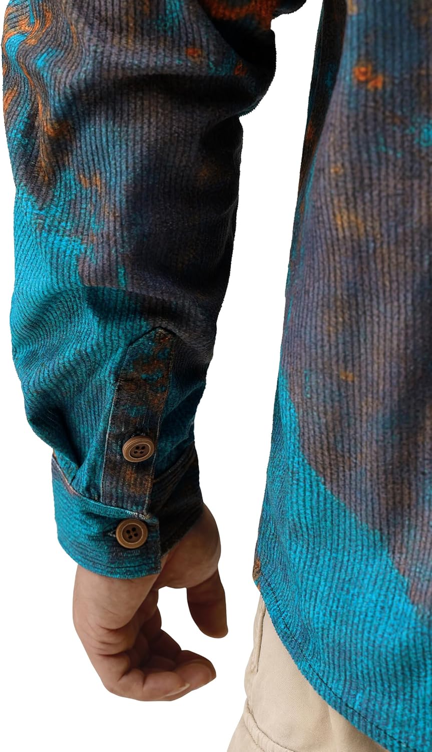 Mens Printed Corduroy Shirts Long Sleeve Button Down Lightweight Casual Shirt Vintage Transitional Shacket - Image 6
