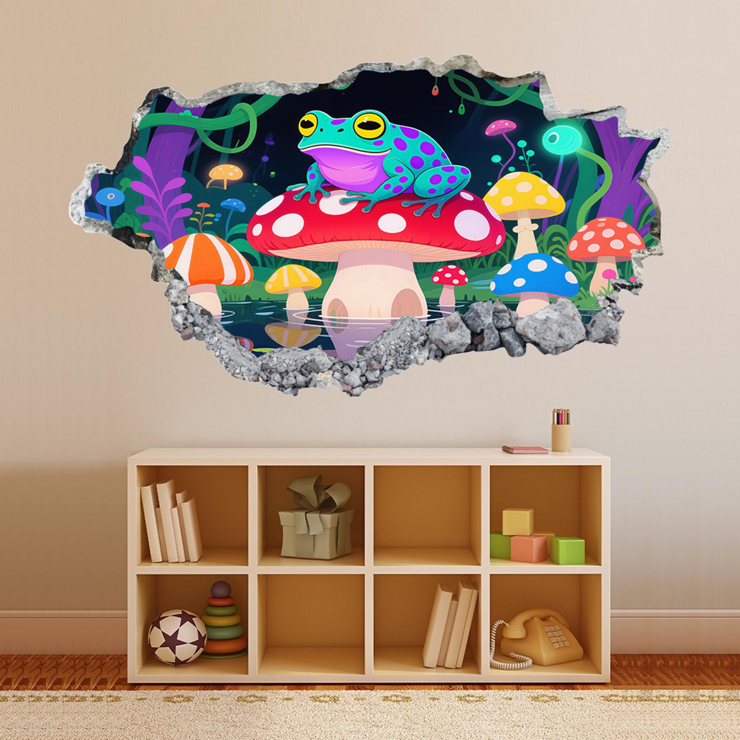 Adesivi 3D per decorazioni murali distruttiFungo Rana Adesivo da parete Tatuaggio da parete per la decorazione della parete della cameretta dei bambini 70x122cm