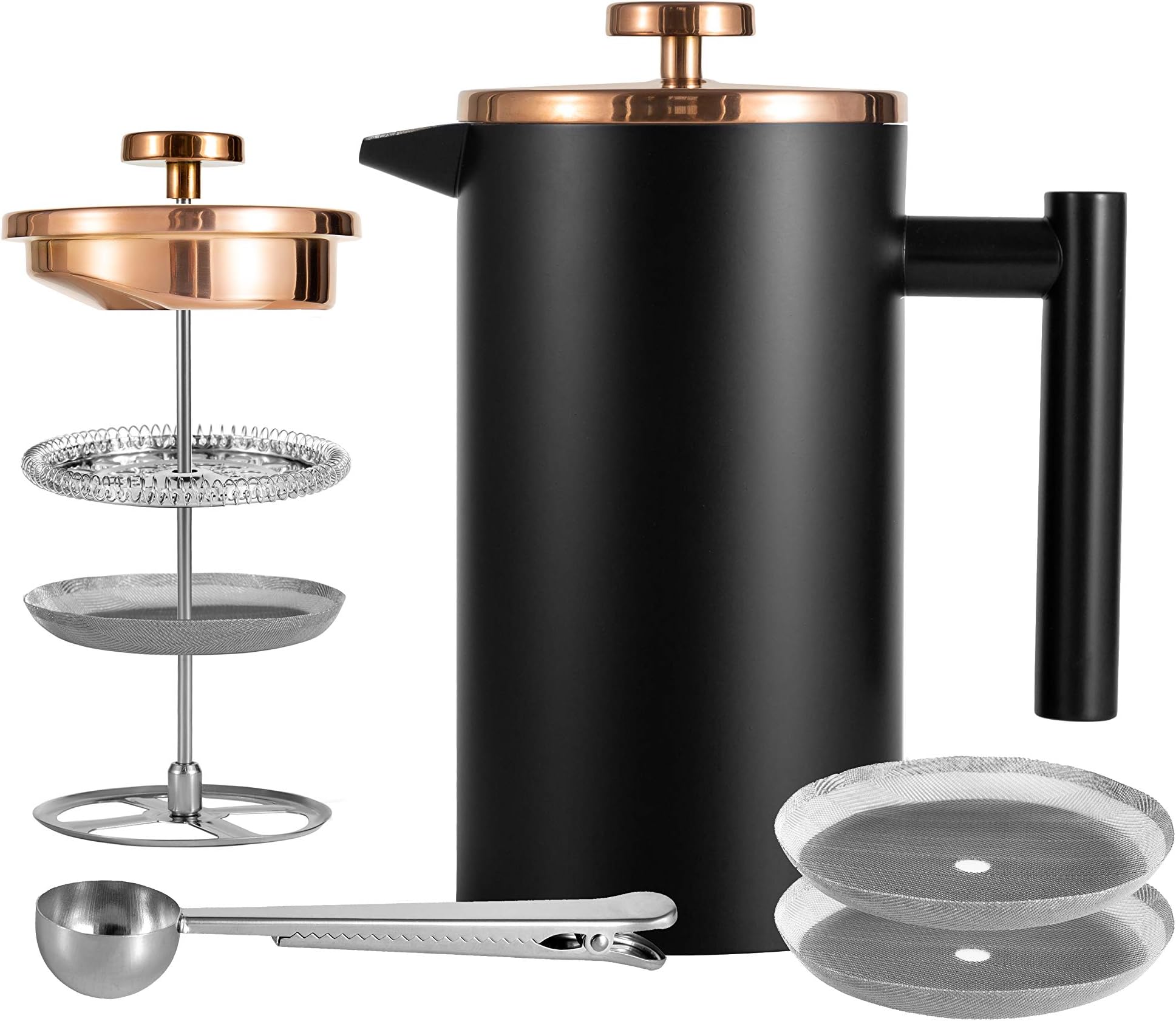 Meelio Small French Press Coffee Maker 600ml, Black Double-Wall Insulated French Press Coffee Press Stainless Steel for travel camping, Included 2 Extra Fliters and 1 Coffee Spoon (2-4cup, 20 OZ)