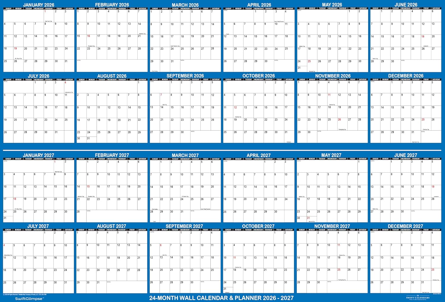 24" x 36" SwiftGlimpse 2026-2027 Wall Calendar, Large, Wet & Dry Erase Laminated, 24-Month Long Term Wall Planner, Navy
