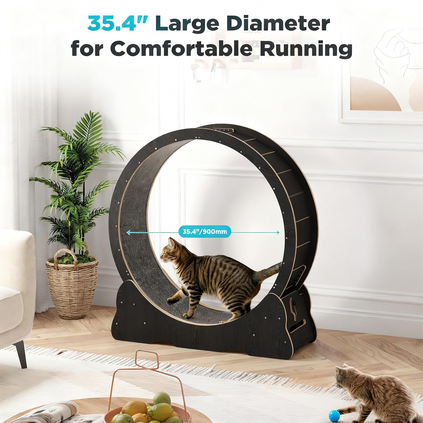 Rueda de Ejercicio para Gatos, Rueda Grande de 104 cm/117 cm para Gatos de Interior, Rueda para Correr con Alfombra Desmontable y Juguete para Correr, Caminar Entrenar, Adecuada Black-L
