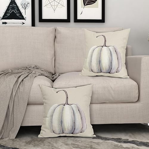 Miniatura 3 de Juego de 2 fundas de almohada de calabaza gris y blanca de 18 x 18 pulgadas, fundas de almohada cuadradas de lino para decoración del hogar, sofá,