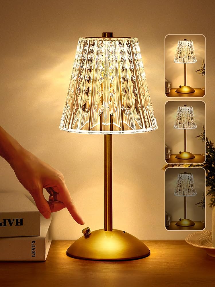 Cordless Lamp, Crystal+Dimmable+3 Colors Rechargeable Lamp