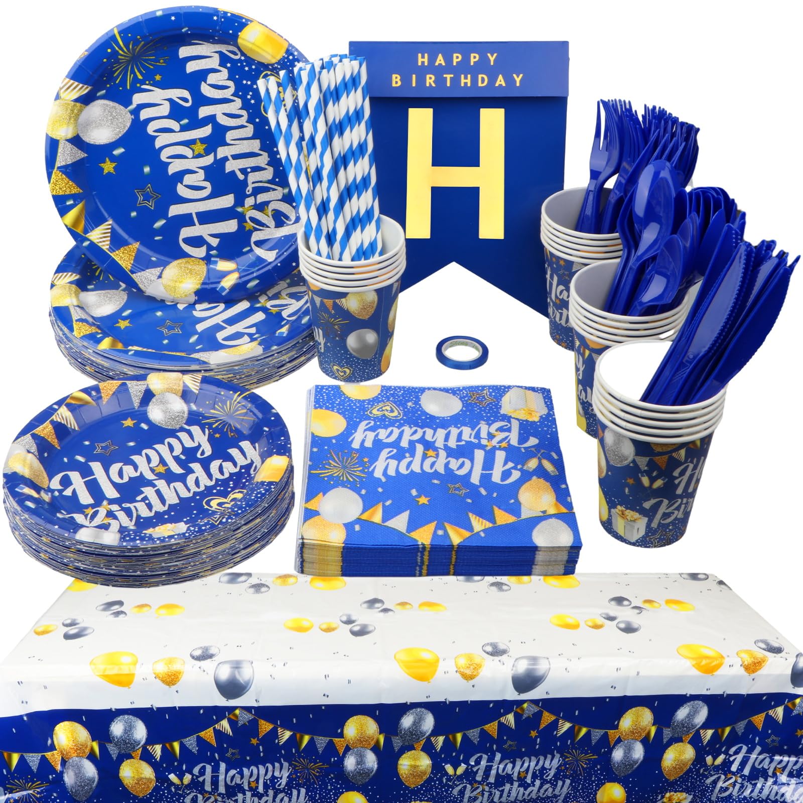 162 Pcs Happy Birthday Party Tableware Set Party Foil Paper Plates Napkins Cups Knife Fork Spoon Straws Tablecloth and Banner Birthday Party Supplies Decorations for 20 Guests