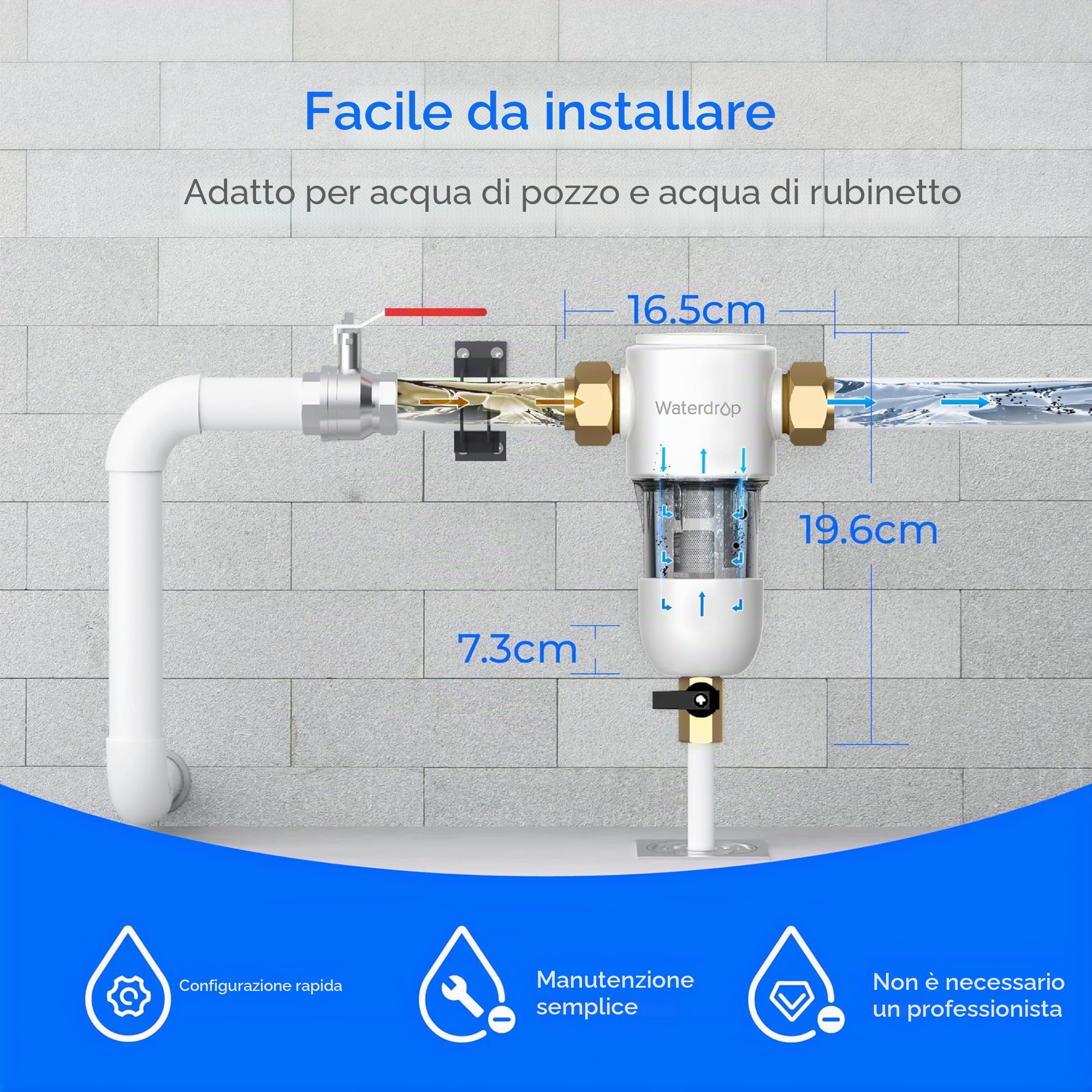 Waterdrop PF01 Filtro Sedimenti Spin Down, 50 Micron | Acqua Riutilizzabile per Tutta la Casa, Prefiltro Lavabile per Acqua di Rete e Acqua di Pozzo, 1" MNPT + 3/4" FNPT