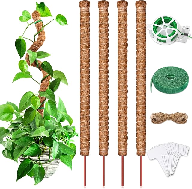 Modacraft 4 Pack 25inch/64cm Coco Coir Moss Pole, Upgraded Bendable Plant Moss Pole for Monstera with Twist Ties Plant Ties Labels Jute Rope, Moldproof Sticks Support for Climbing Plants Growth Indoor