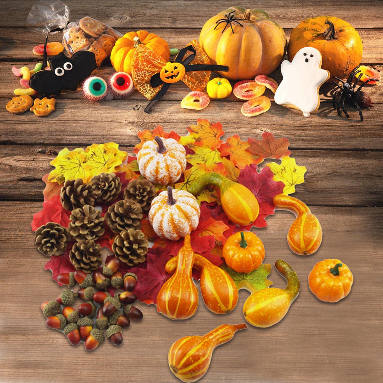 Winemana Set Di 6 Decorazioni Artificiali Autunnali - Zucca Con Bacche, Ghiande E Pigne, Colori Arancione E Beige, Per Centrotavola E Decorazione Casa