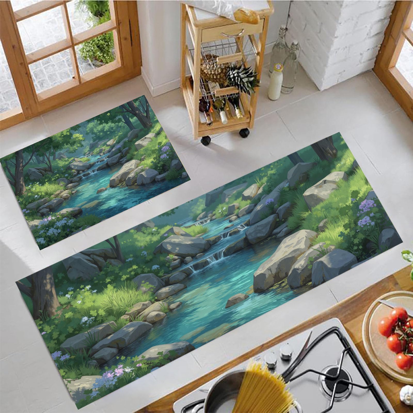Alfombra de cocina antideslizante con paisaje de bosque verde para un hogar acogedor