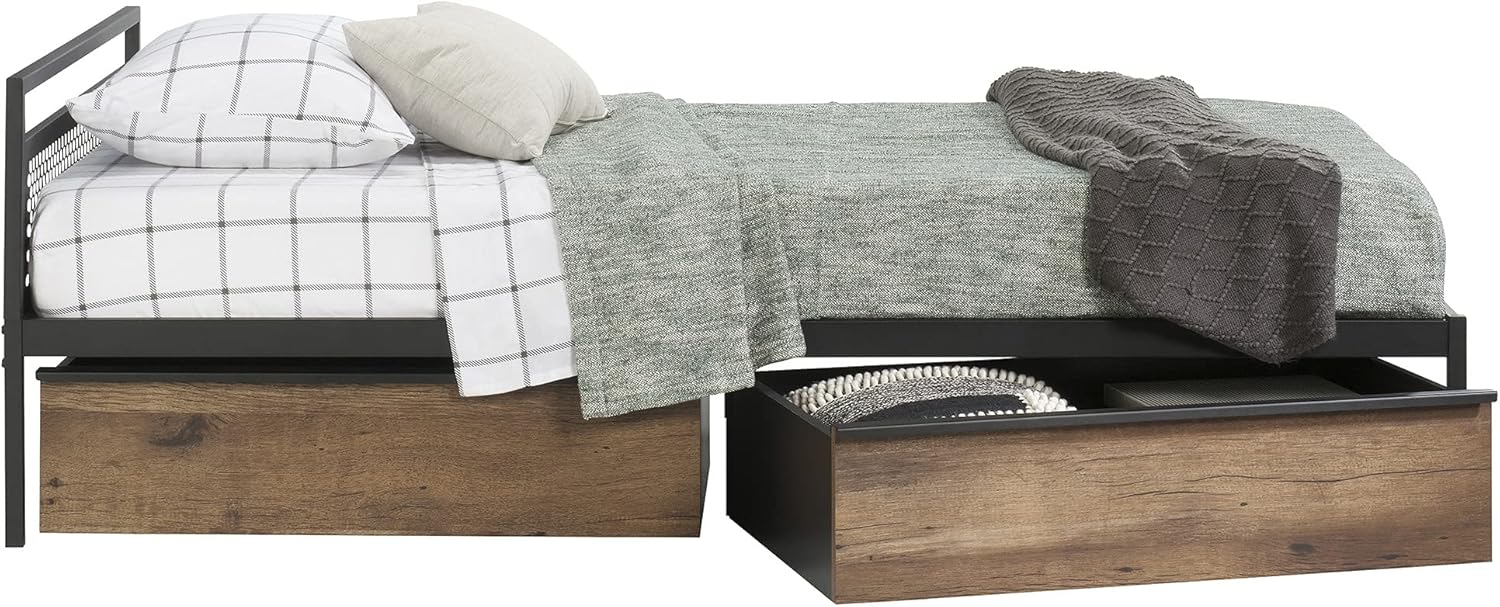 lateral view of the Sauder Boulevard Cafe Mates Bed with one under-bed storage drawer partially open, showing its functionality.