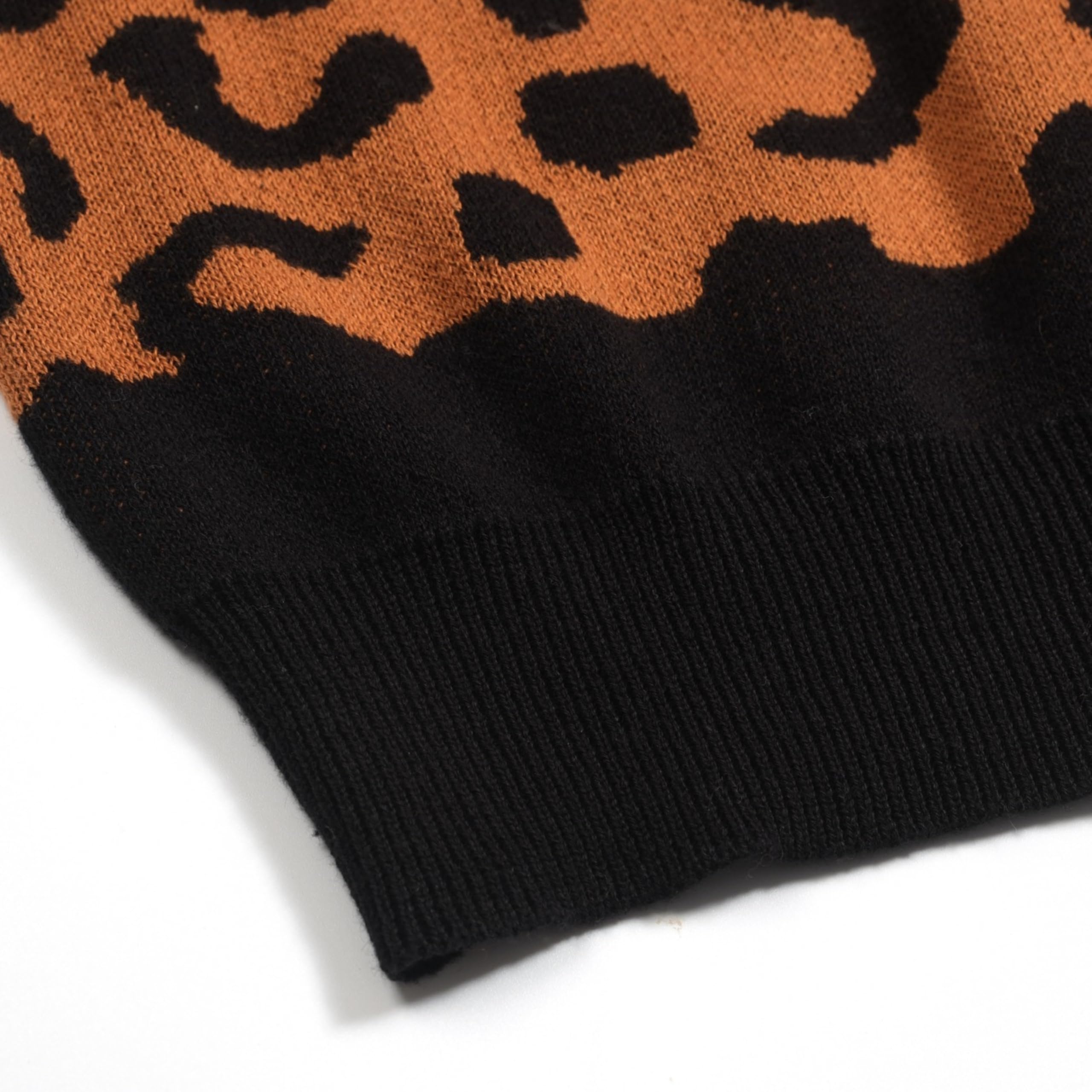 OXKNIT Damen Poloshirt Kurzarm Braun Vintage Polohemd aus Jacquard-Strick mit Leopardmuster