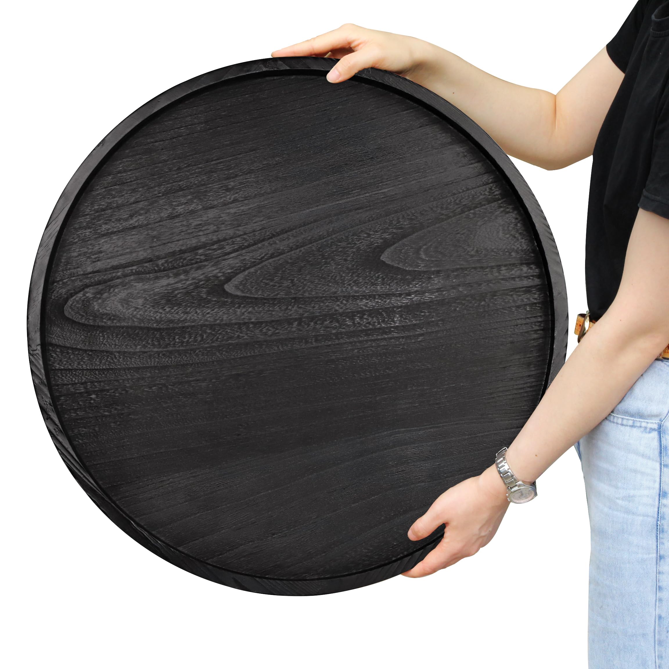 Gurfuy Round Ottoman Table Tray 24" - Rustic Wooden Serving Tray for Farmhouse Decorative Oversized Coffee Table Trays Living Room Kitchen Counter Breakfast Black