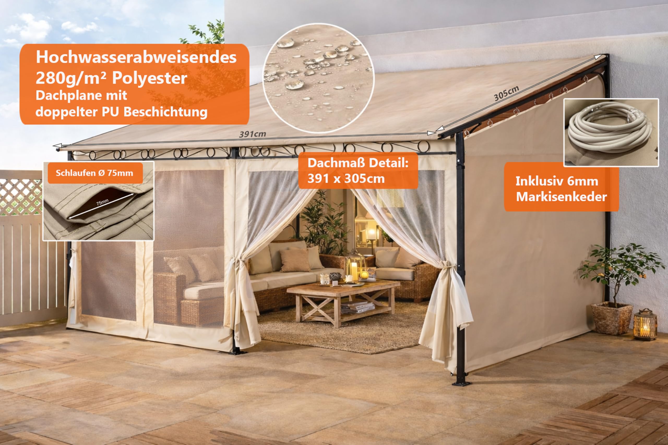 QUICK STAR Ersatzdach Roll Pavillon 3x4m Pavillondach Markise Ersatzbezug Sand