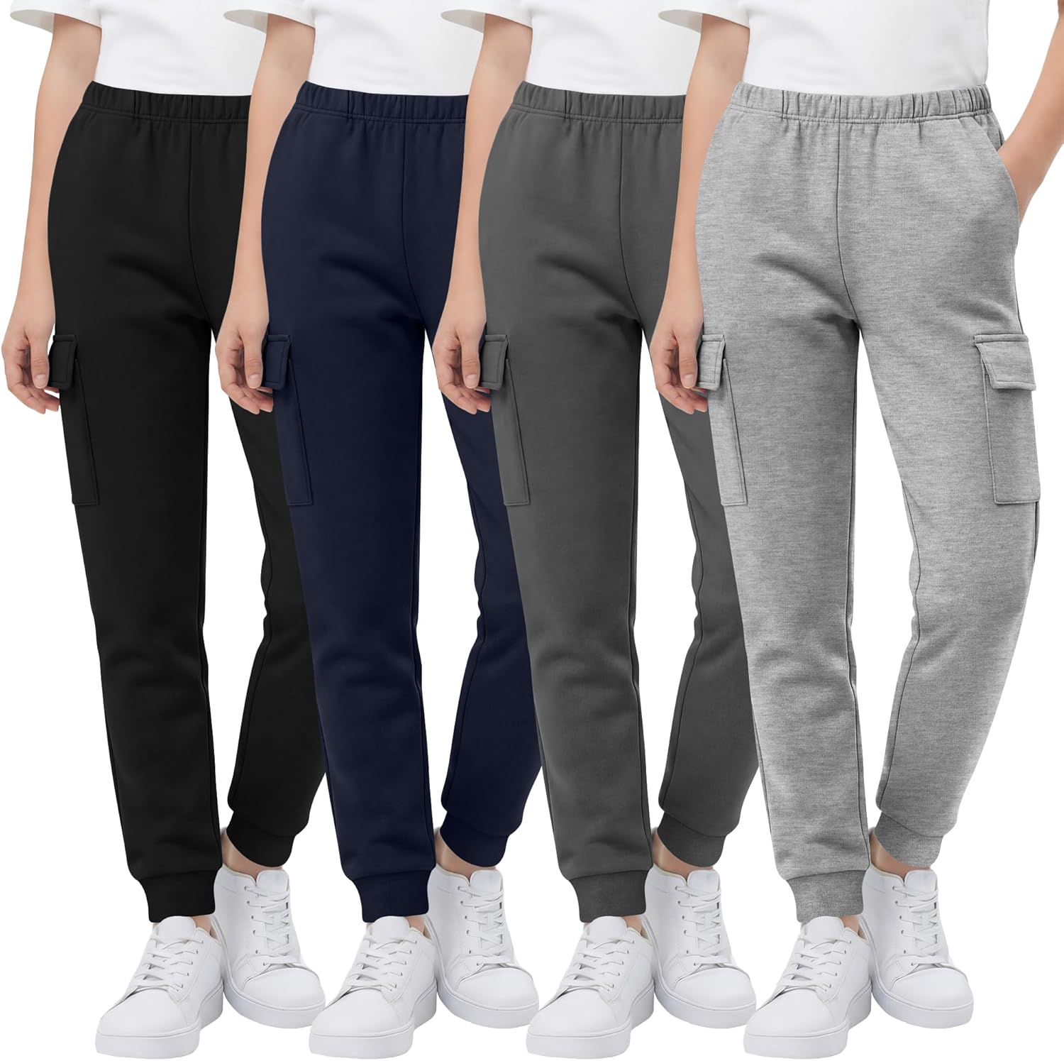 4 Pack Boys Cargo Sweatpants Athletic Elastic Waist Workout Joggers Kids Casual Soft Sweat Pants with Pockets