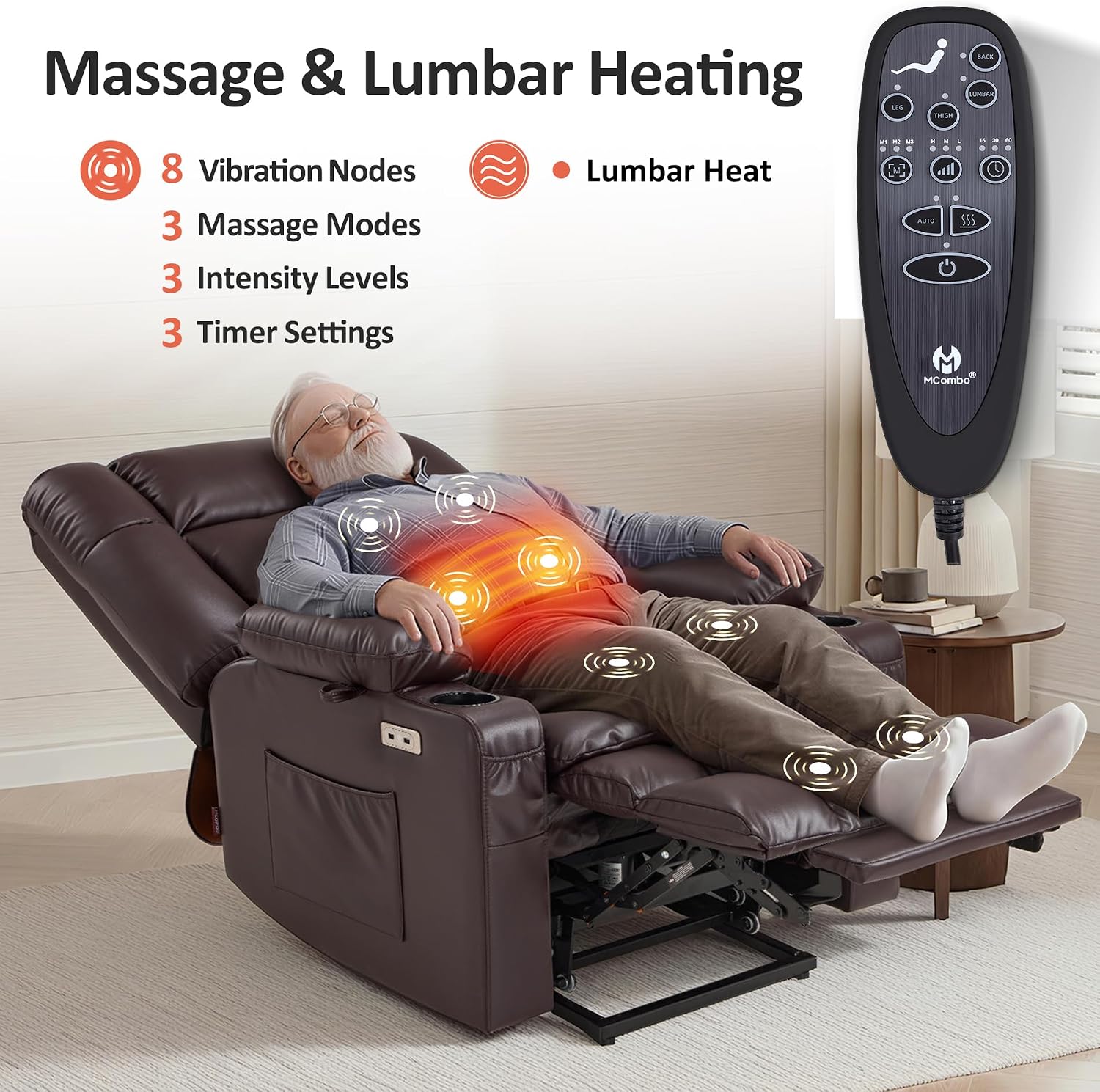 MCombo Dual Motor Power Lift Recliner Chair for Elderly, Lay Flat Lift Chair with Heat and Massage, Oversized Lift Recliner for Big and Tall, Faux Leather R7891 (Dark Brown, Oversized)