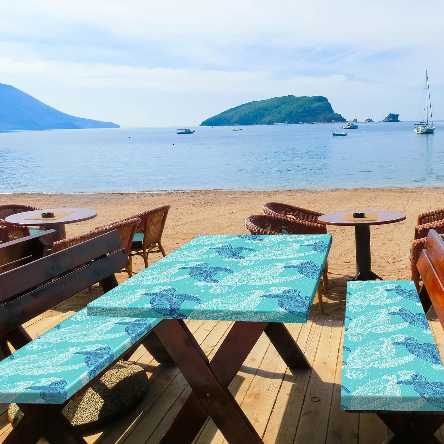 Boao 3 Pcs Vinyl Picnic Table Cover with Bench Cover 6 ft 30 x 72 Inch Waterproof Fitted Tablecloth Flannel Backing Rectangular Elastic Edged for Camping Outdoor Patio Travel(Turtle)