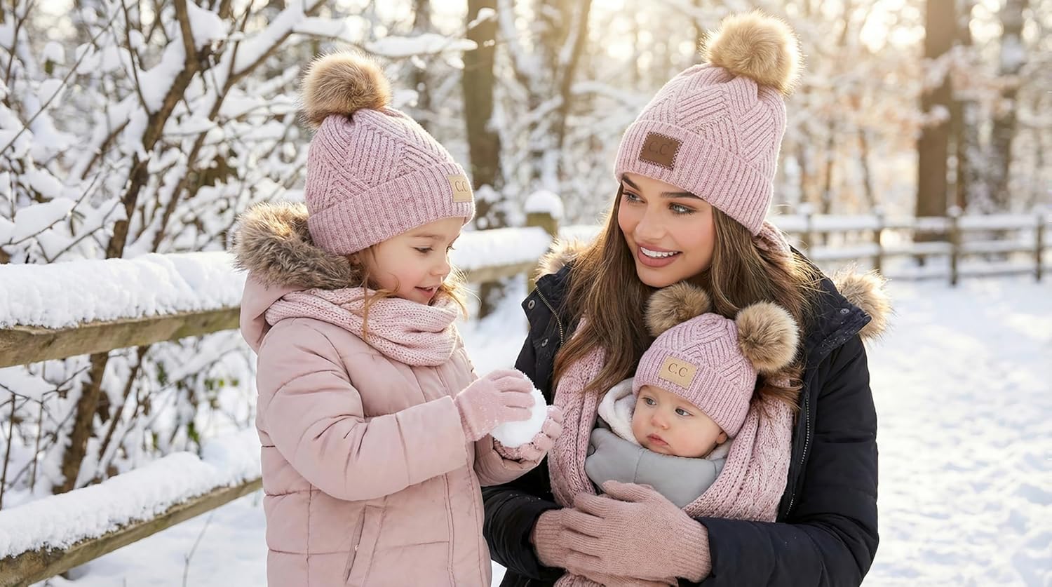Funky Junque Mommy & Me Double Pom Beanies 3-Pack Matching Winter Hats for Mom, Toddler & Infant Girls, Cozy Knit Family Set