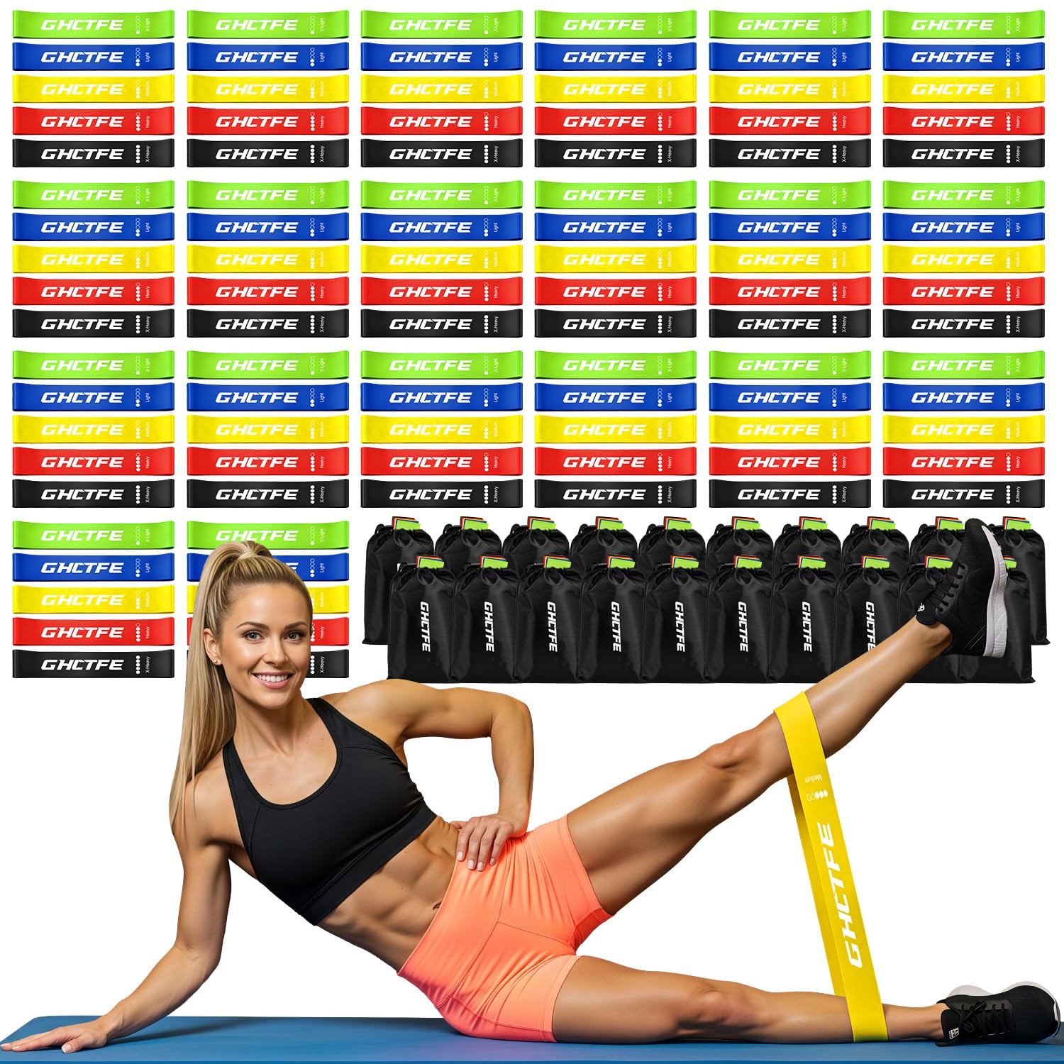 100PCS Resistance Bands Bulk Set for Group Fitness Schools Gyms 20 Sets of 5-Level Natural Latex Loop Exercise