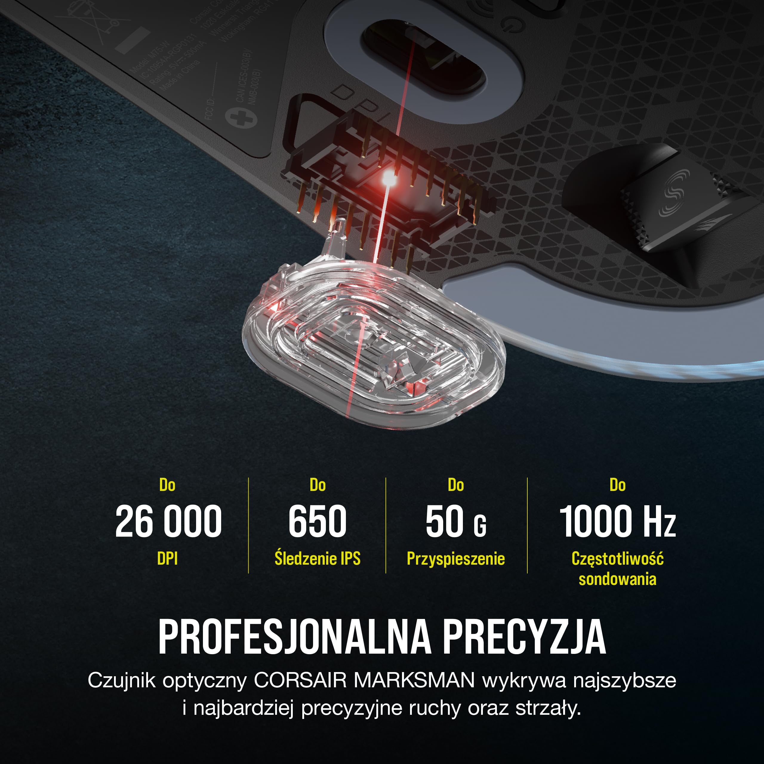 CORSAIR M75 WIRELESS RGB Lekka Mysz do Gier FPS – 26 000 DPI – Wymienne Przyciski Boczne – Kompatybilna z iCUE – PC – Czarny