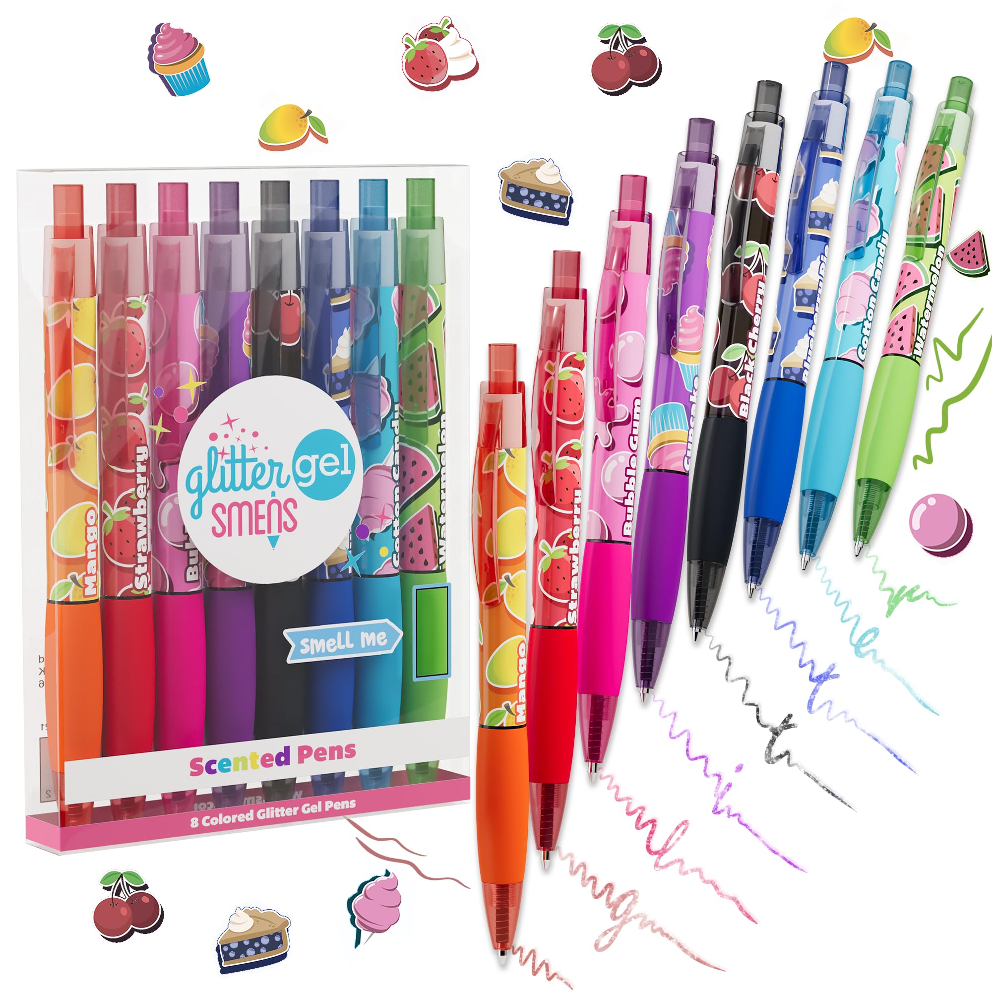 Glitter Gel Smens - Patented Gourmet Scented Colored Glitter Gel Ink Pens, Medium Point, 8 Count - Fun, Cute, Cool, Smelly Pens for Kids