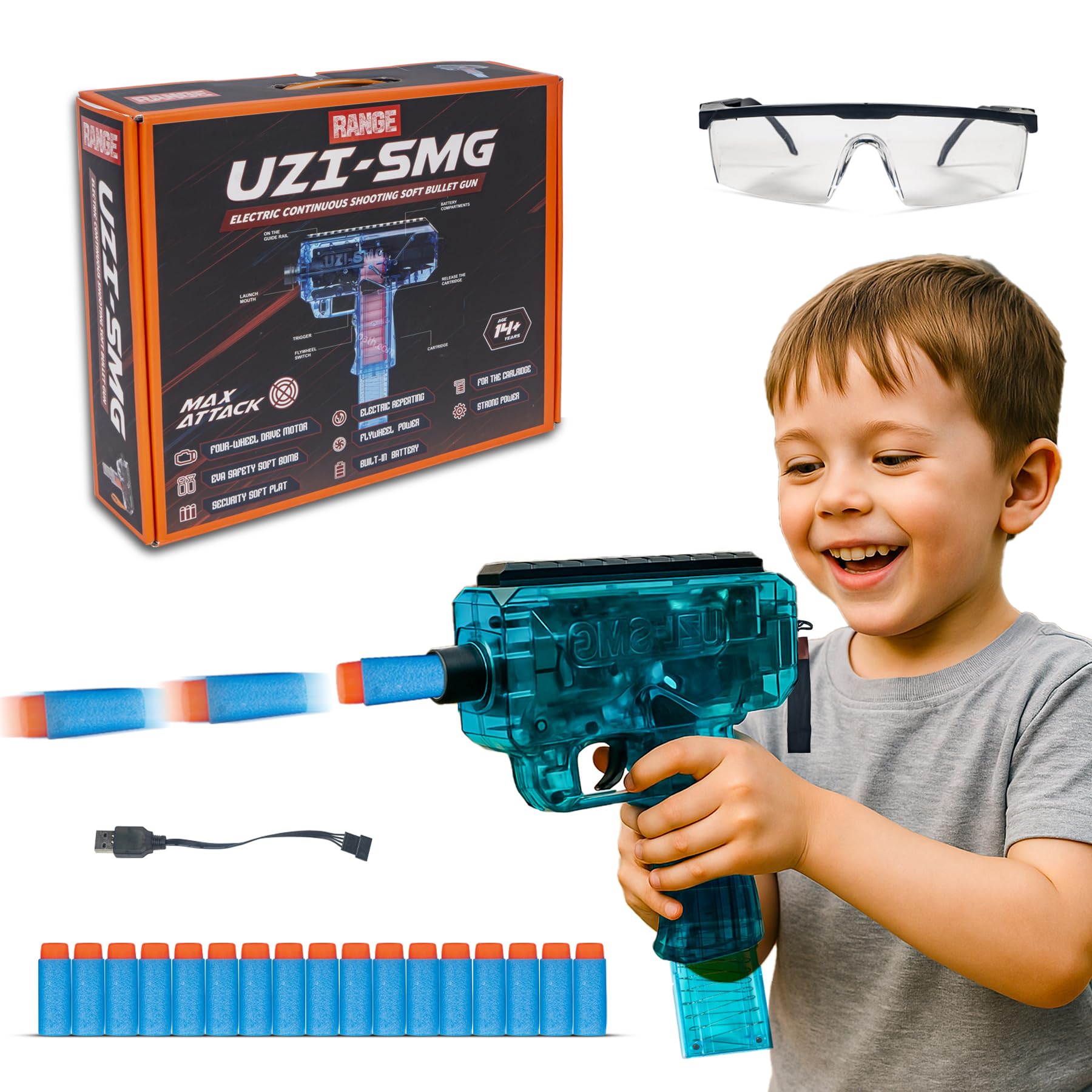 Wishkey Gun for Kids 6-12 Uzi-SMG Automatic Foam Dart Rapid Fire Toy Blaster with Soft Bullets Battery Operated Machine Gun Style Safe Indoor Outdoor Shooting Toy Birthday Gift for Boys