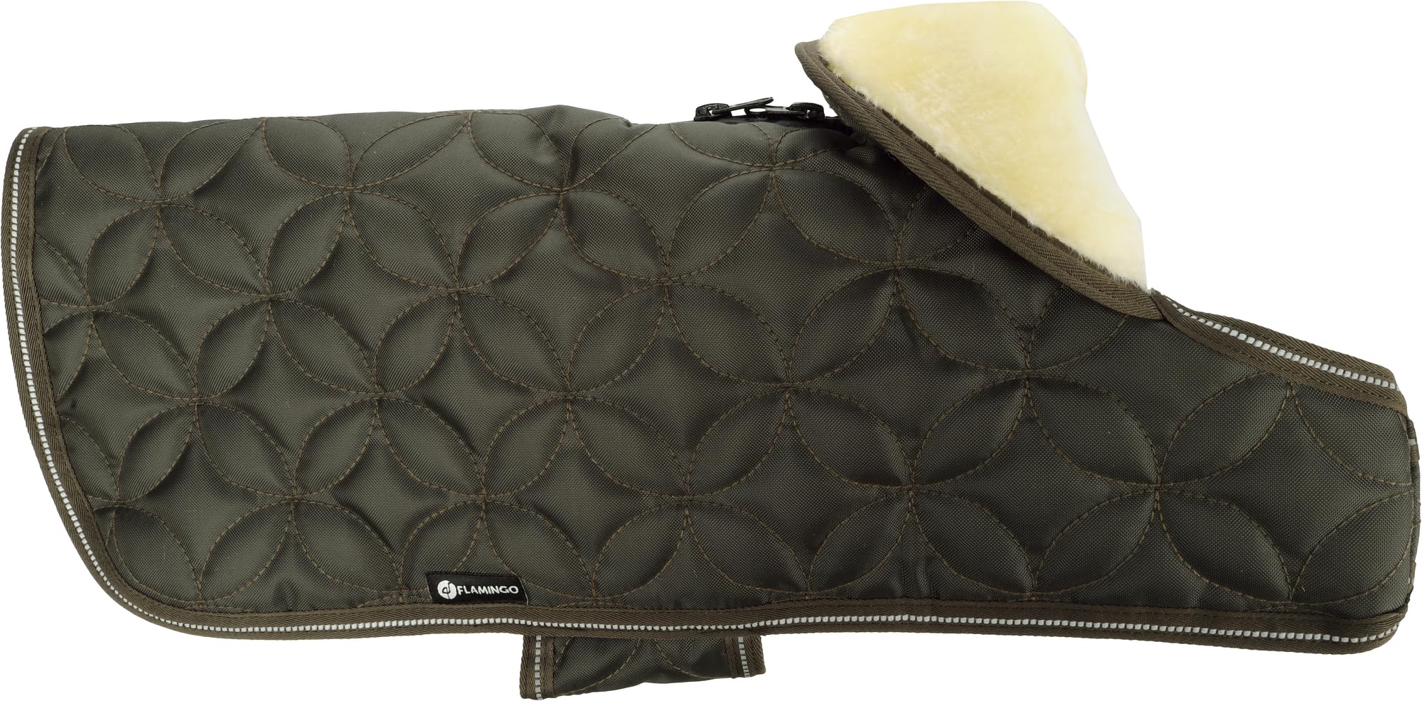 Manteau Chien – Hiver – Flamingo Ushi Kaki – A:55cm B:57–66,5cm C:70–77cm – Polyester – déperlant – Bandes réfléchissantes – intérieur Polaire