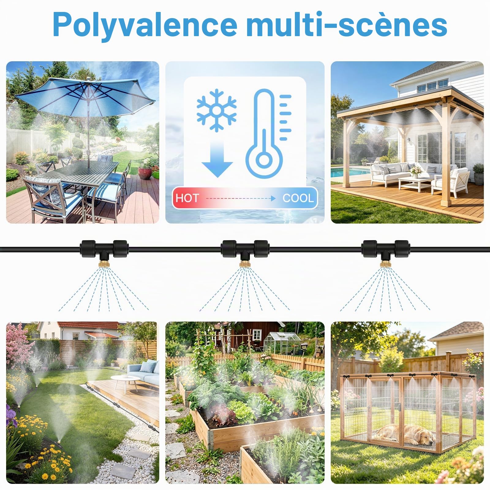 Brumisateur Terrasse,Kit Brumisateur Exterieur,18M Tuyau 25 Buses de Brume avec Joint en T Adaptateur 3/4",Kit d’Irrigation Système Brumisateurs eau Exterieur Terrasse Parasol Pergola Jardin Piscineb