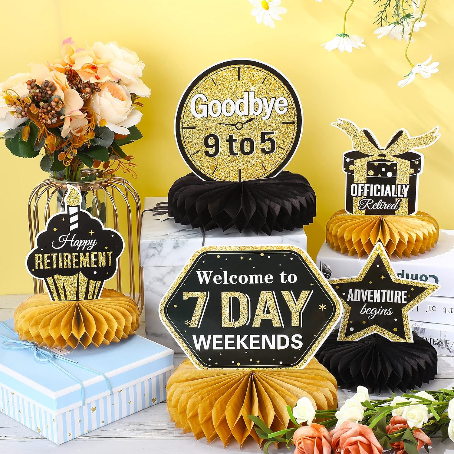 Chinco 8 Pieces Retirement Party Decorations Retirement Table Centerpiece Honeycomb Gold and Black Decor Happy Farewell Gathering Decorations for Men Women Party Supplies