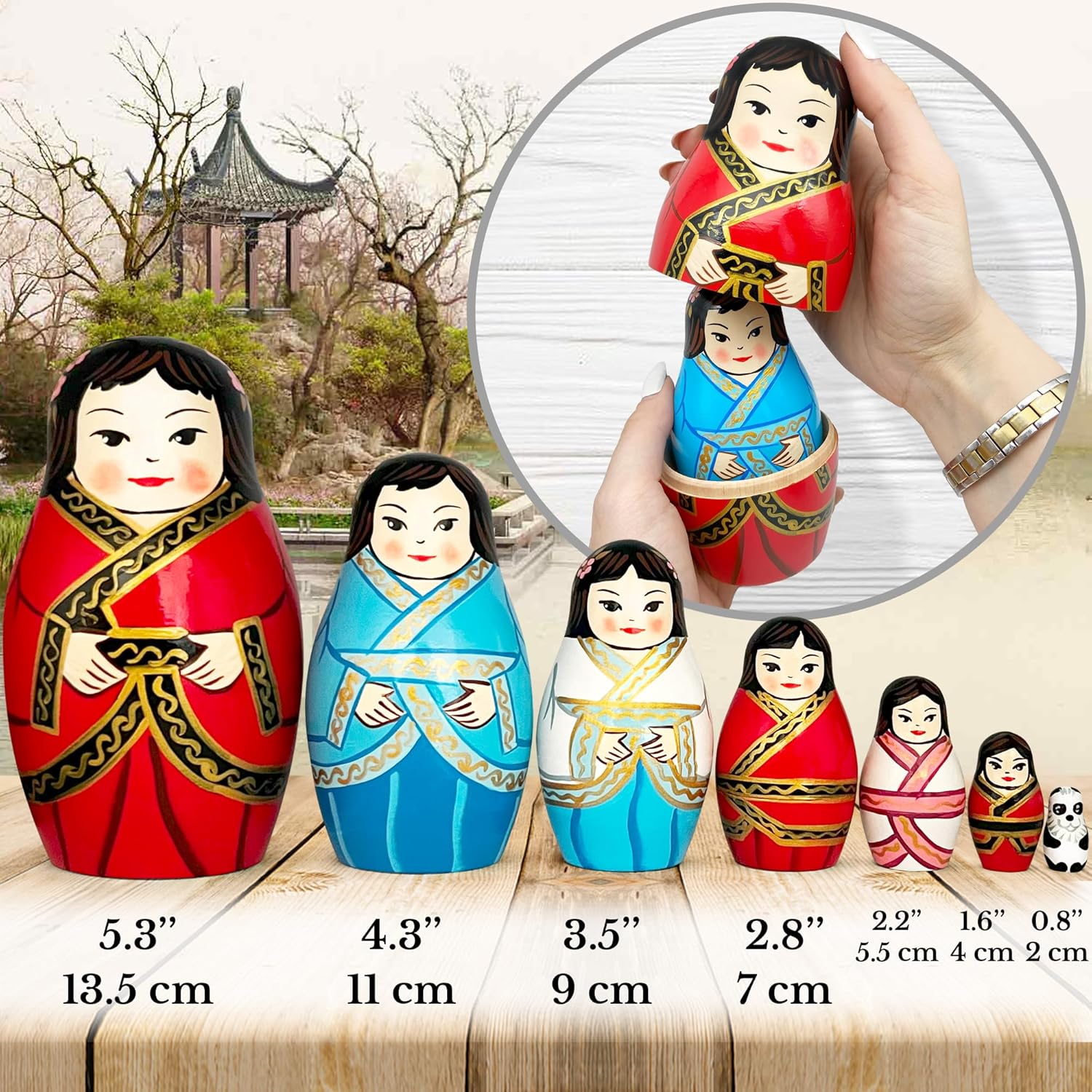 AEVVV Chinese Nesting Dolls Set 7 pcs - Matryoshka Dolls in Chinese Hanfu Dress Women - Wooden Kokeshi Dolls - Chinese Dolls for Asian Decor - Chinese Gifts - Russian Nesting Dolls