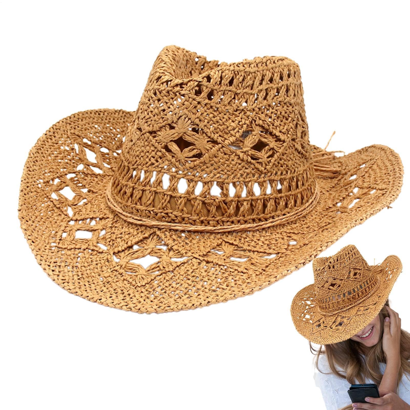 Generisch Cowboy Strohhut | Atmungsaktiv Cowgirl Hut,Breitkrempiger Sonnenschutz Hut Für Festival Party Sommer Wanderreisen Farmarbeit