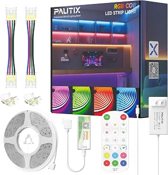 PAUTIX S-COB RGB LED Strip Light,UL-Listed COB LED 24V,Color Changing Strip Lights 20ft/6.1m,Multicolor Flexible Tape Lights with RF Remote for Bedroom,Kitchen,TV Backlight,Game Room,Home DIY Lighting