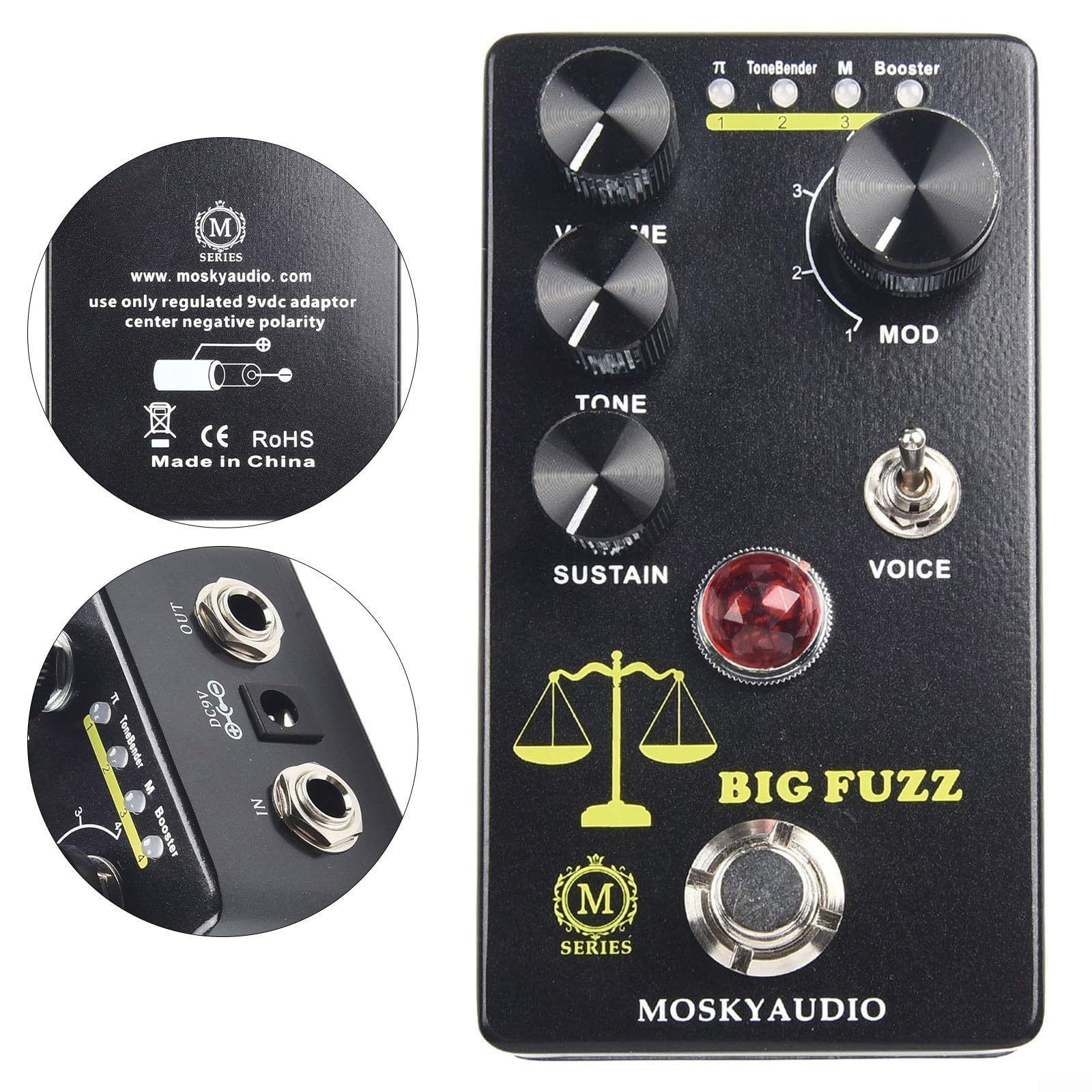 Mosky Big Fuzz - Pedale effetti per chitarra, distorsione a 4 modalità con controlli tono/sustain, basato su circuito Muff PI per chitarra elettrica
