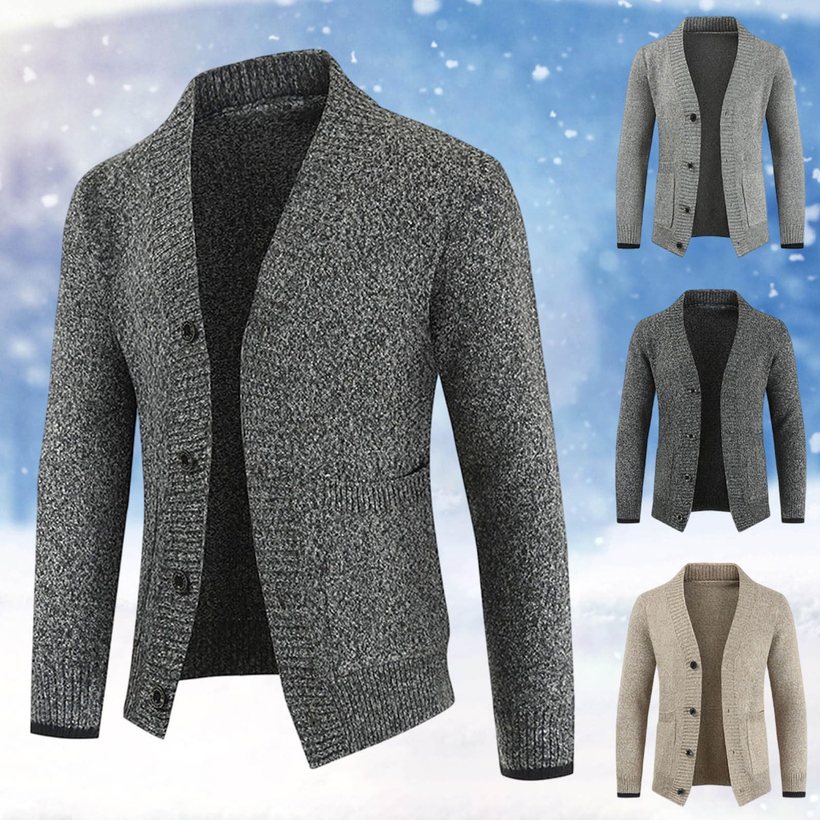 Generisch Cardigan da uomo con scollo a V, morbido, imbottito, tinta unita, per il tempo libero, comodo, per le mezze stagioni, traspirante, caldo, colletto rovesciato, cardigan