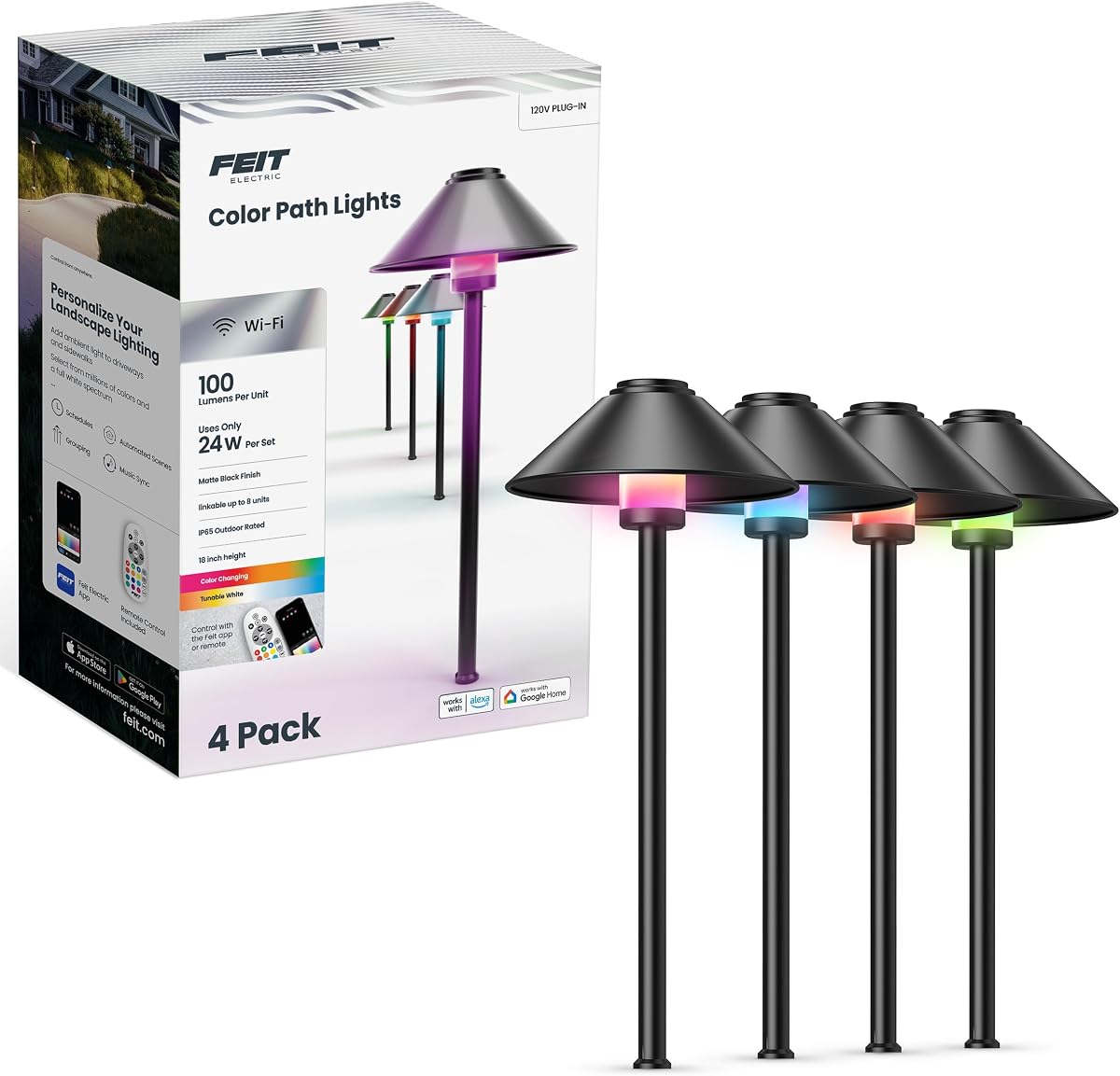 Feit Electric Luces de camino cónicas inteligentes para exteriores, 100 lúmenes, cambio de color y blanco sintonizable, sincronización de música, funciona con Alexa y Google Home, aplicación y control remoto, vida útil de 15,000 horas, PATH/RGBW/AG/4, paquete de 4