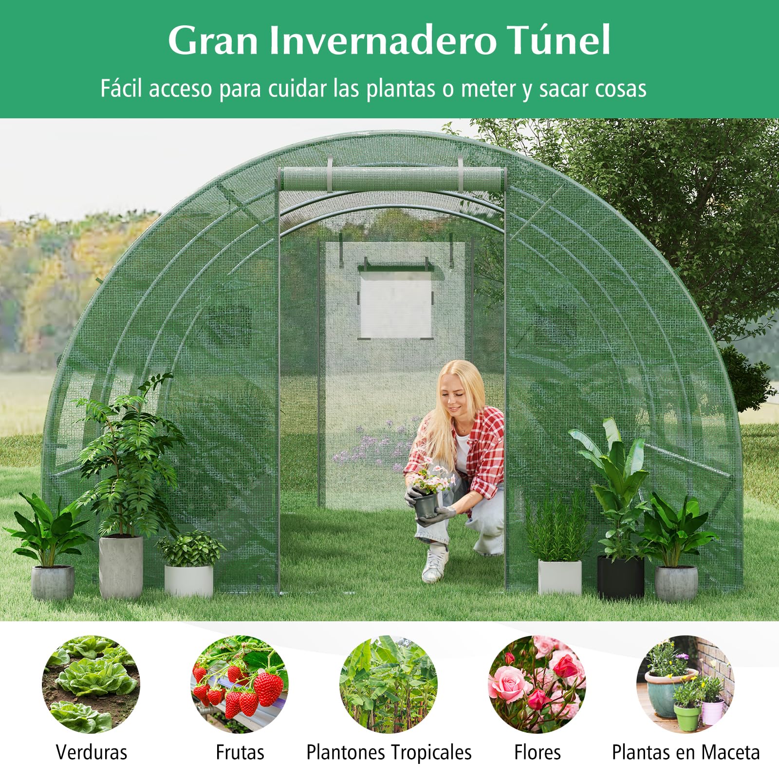 COSTWAY Invernadero Túnel Exterior, 400 x 300 x 200 cm con 6 Ventanas Enrollables, 2 Puertas con Cremallera, Estructura de Acero Galvanizado, Carpa de Jardín Resistente al Viento