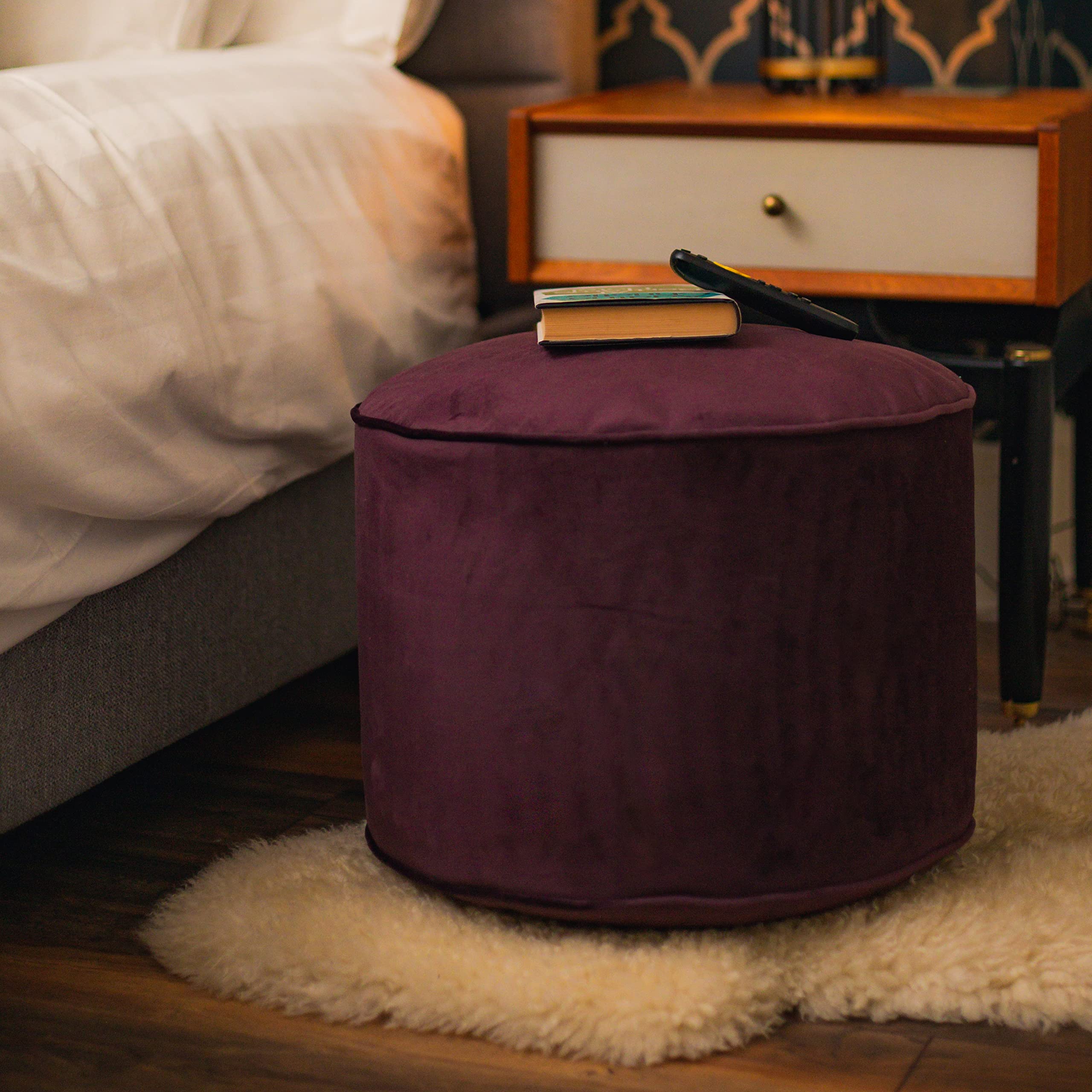 Loft 25 Pouf Velluto Rotondo Premium Poggiapiedi a Sacco 32x45cm, Soggiorno per Interni Pouffe con Riempimento, Design Ergonomico Pouff per il Poggiagambe, Confortevole Pouf Poggiapiedi (Melanzana)