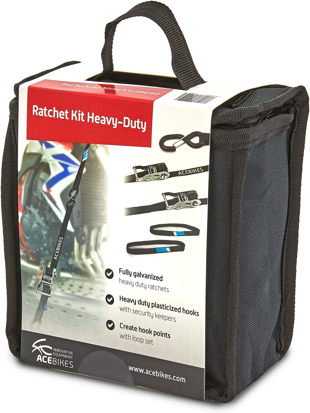 ACEBIKESHeavy Duty Metal Cargo Strap Set for Motorcycle, 180 cm, 25 mm, 168.13 pounds or 76.65 kilograms Load Capacity, Black