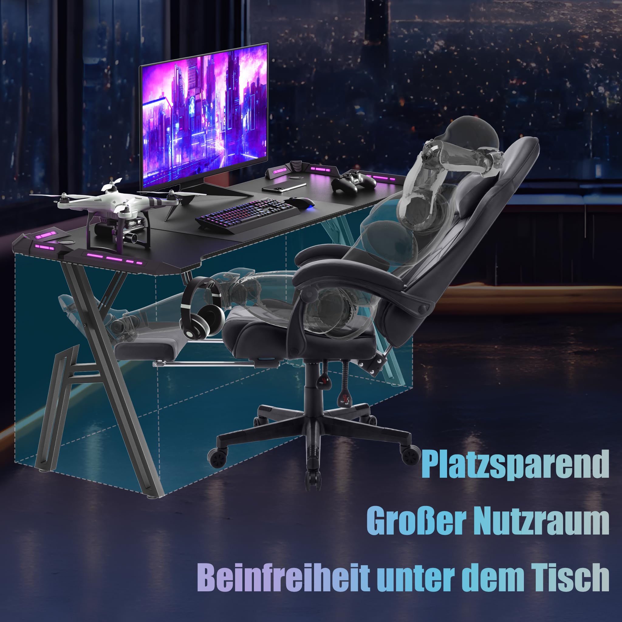 XMTECH Escritorio LED para Videojuegos, 140 x 60 cm, Mesa Gaming, PC, Marco con Superficie de Fibra de Carbono, Estable, Mesa para Gamer con Soporte para Bebidas y Gancho para Auriculares, Color