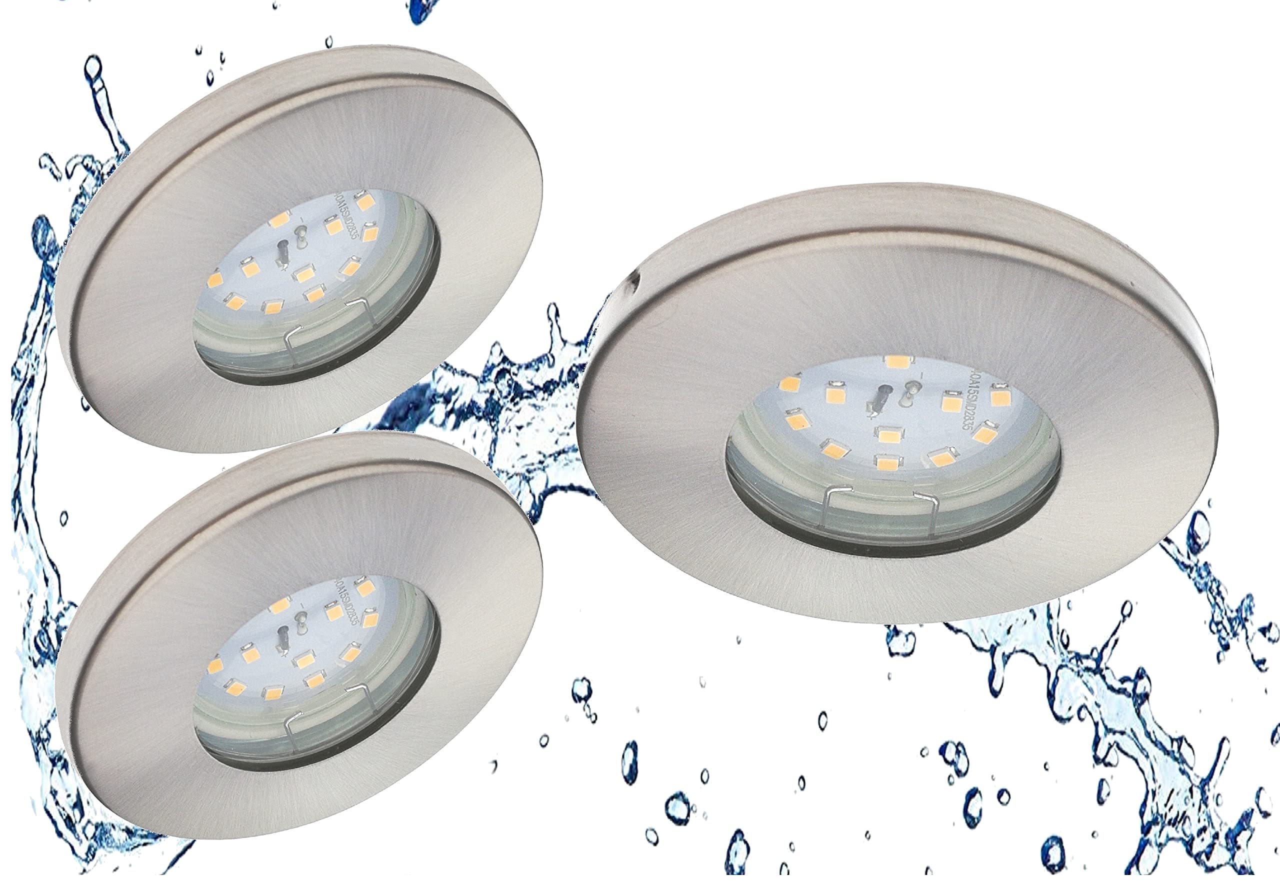 Trango 6er Set 6729IP65-062MO LED Einbaustrahler IP65 aus Edelstahl gebürstet inkl. 6x 5 Watt 3000K warmweiß Ultra Flach LED Modul für Bad, Dusche, Einbauspots, Deckenstrahler, Deckenlampe, Badleuchte