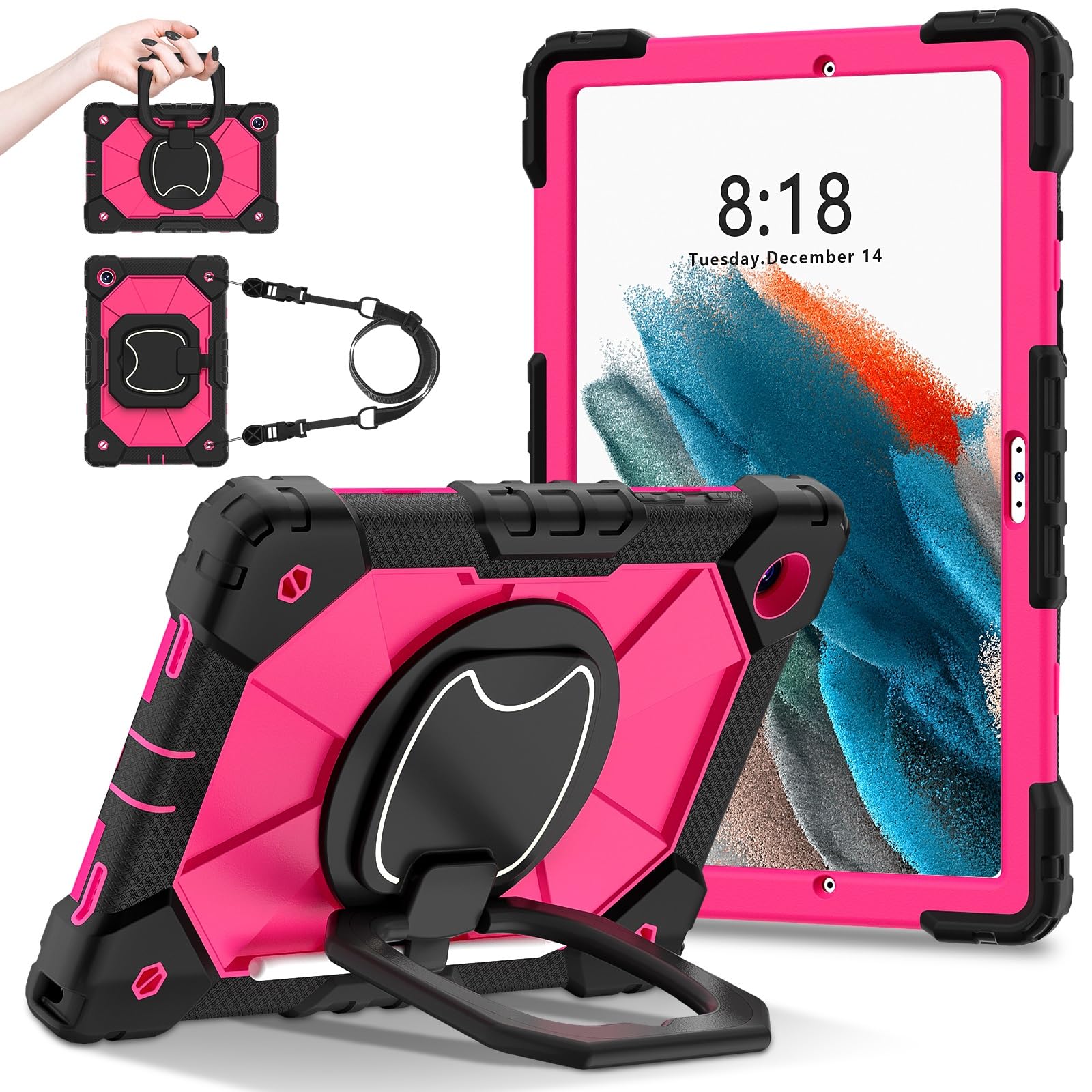 Custodia protettiva per tablet PC compatibile con Samsung Galaxy Tab A8 da 10,5 pollici (SM-X200/X205) robusta copertura antiurto, custodia protettiva W 360 girevole cavalletto + cinghia da polso +